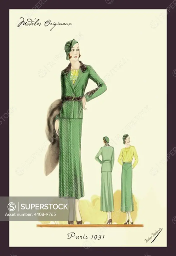 Sophisticated Green Suit with Stole, Ladies Fashion, French - 1930