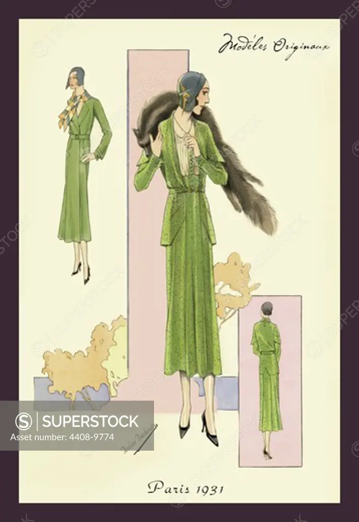 Emerald Suit with Stole, Ladies Fashion, French - 1930