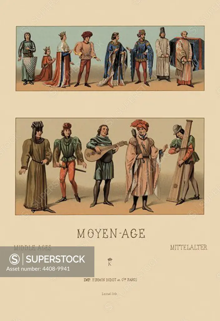 Historical Figures, Civil Costumes, and Military Garb of Medieval France, World Fashion - Racinet