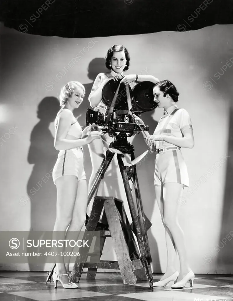FILM HISTORY: CAMARAS DE CINE. Three women surrounding a movie camera.