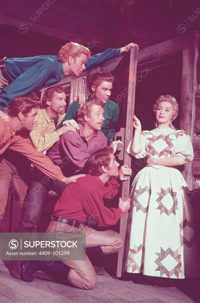 RUSS TAMBLYN, JANE POWELL, JEFF RICHARDS, TOMMY RALL, MARC PLATT, MATT MATTOX and JACQUES D'AMBOISE in SEVEN BRIDES FOR SEVEN BROTHERS (1954), directed by STANLEY DONEN.