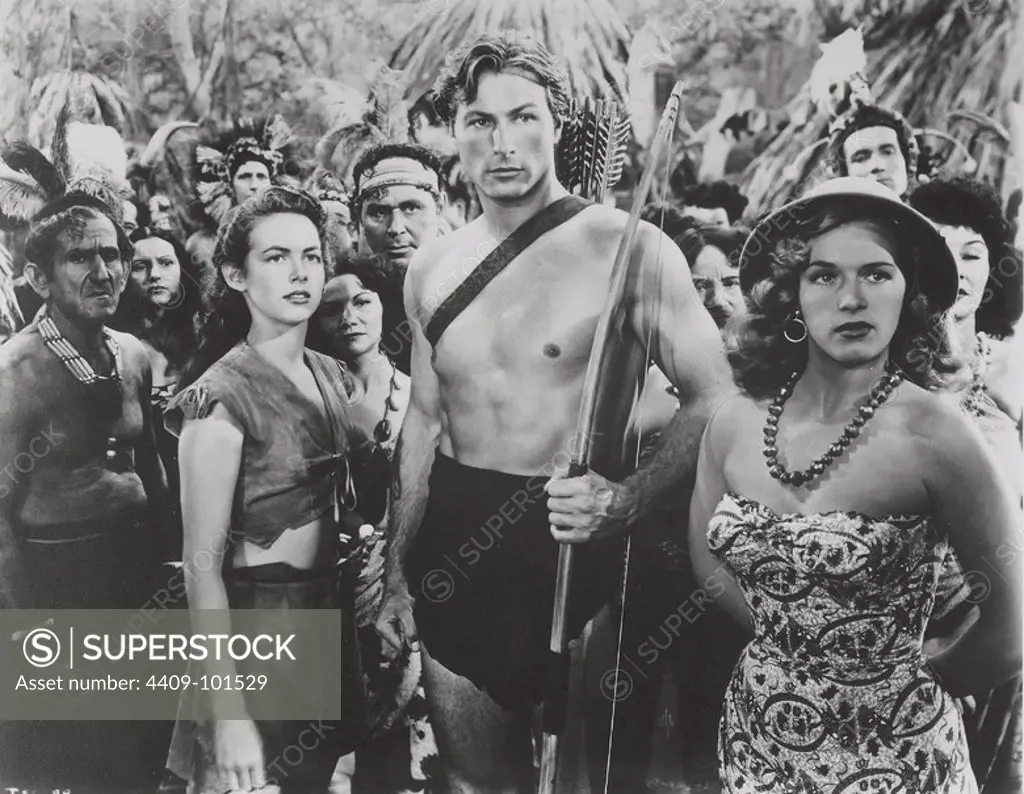 LEX BARKER, VANESSA BROWN and DENISE DARCEL in TARZAN AND THE SLAVE GIRL (1950), directed by LEE SHOLEM.