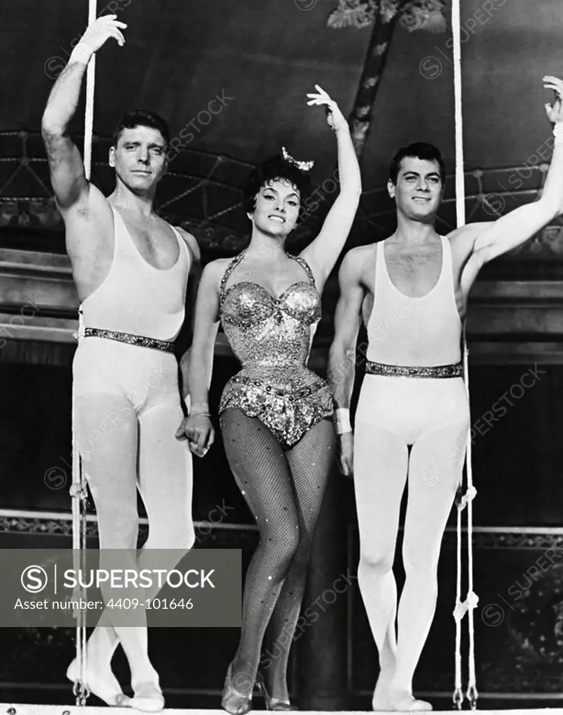 BURT LANCASTER, GINA LOLLOBRIGIDA and TONY CURTIS in TRAPEZE (1956), directed by CAROL REED.