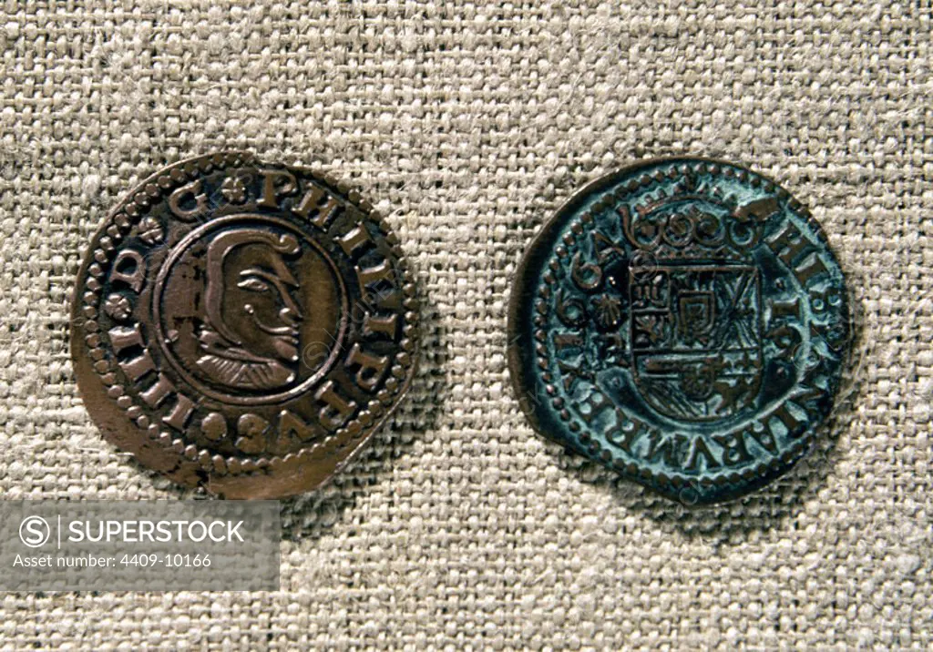 Coins dating from the Philip IV period. La Coruna, Museum of Fine Arts. Location: MUSEUM OF FINE ARTS. Coruña. SPAIN.