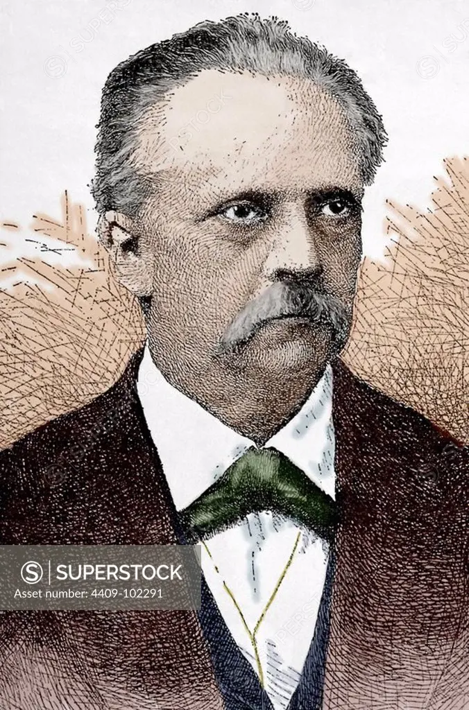 Hermann von Helmholtz (1821-1894). German physician and physicist. Engraving in Our Century, 1883. Colored.
