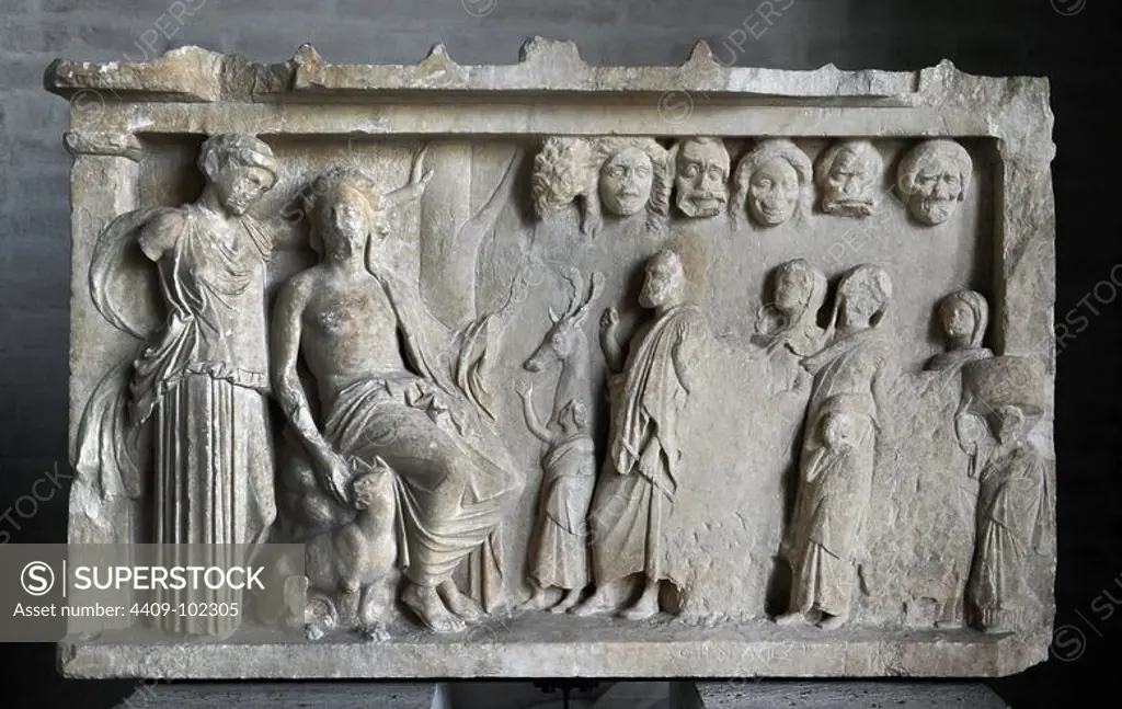Votive stele depicting a sacrificial procession to Dionysus and Artemis for the win in a contest of theater. Votive offering, ca. 360 BC. Glyptothek. Munich. Germany.