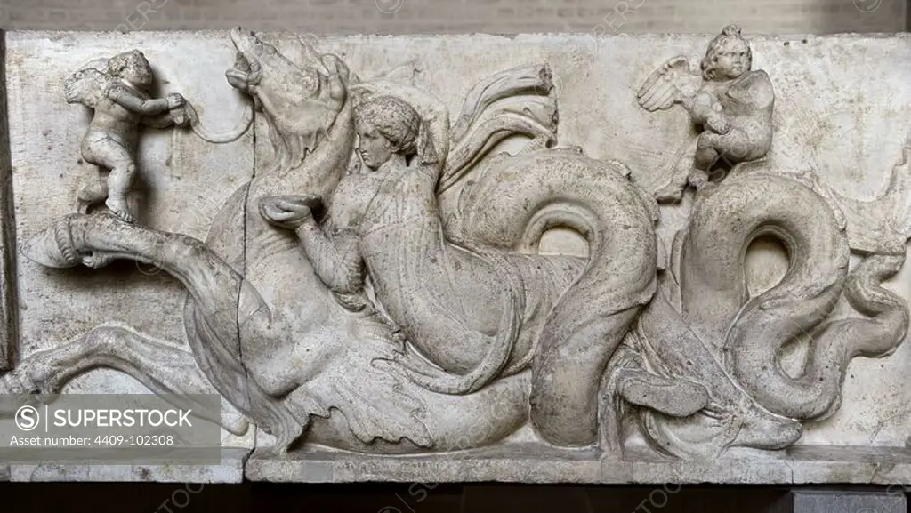 Altar of Domitius. At the base is depicting the wedding of Poseidon and Amphitrite. Ca. 150 BC. Detail of the nuptial courtship with a Nereid on a hippocampus bringing a present and winged erotes. Glyptothek Museum. Munich. Germany.