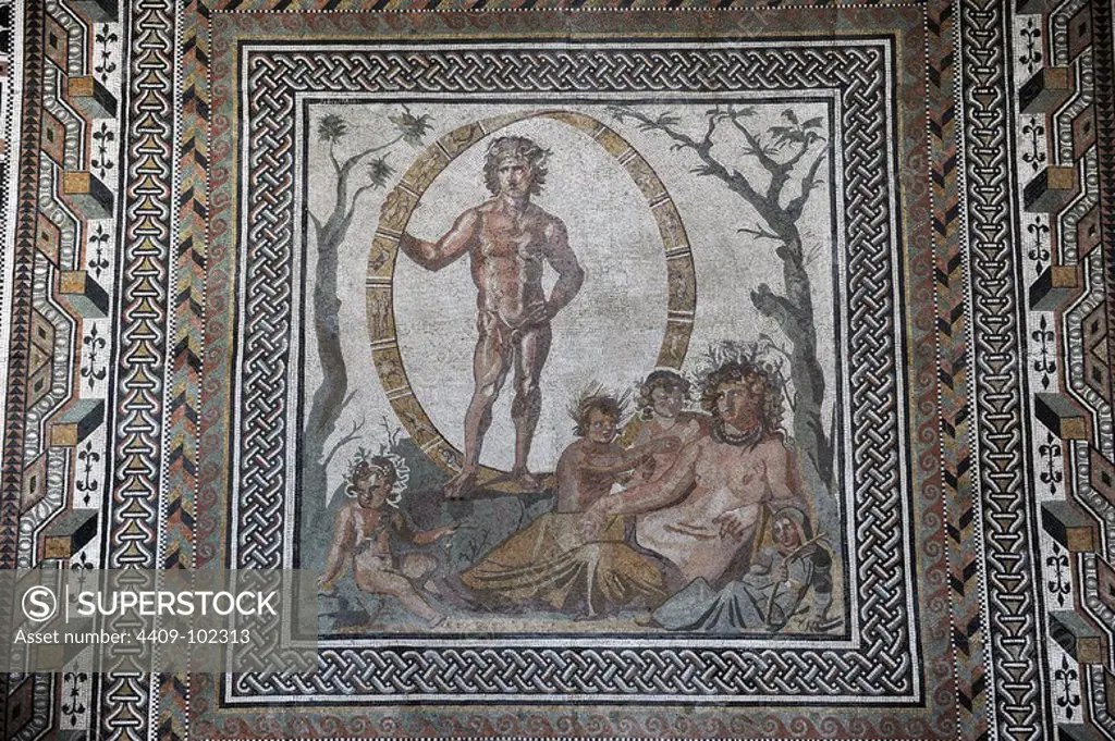 Floor mosaic. About 200 AD From a Roman villa near Sentium (Sassferrato) in the Marches. Aion, god of Eternity, surrounded by a zodiac wheel, the seated earth mother Tellus, the personifications of the four seasons as well as the sprounting foliage of the trees point to the beneficial change of the seasons. Glyptothek. Munich. Germany.