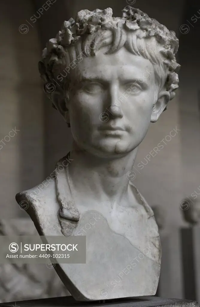 Augustus (63 BC Ð 14 AD). Was the founder of the Roman Empire and its first Emperor, ruling from 27 BC until his death in 14 AD. Augustus wears the "civic crown" of honour, made of oak leaves. Glyptothek. Munich. Germany.