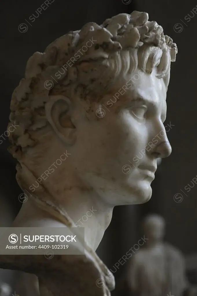 Augustus (63 BC Ð 14 AD). Was the founder of the Roman Empire and its first Emperor, ruling from 27 BC until his death in 14 AD. Augustus wears the "civic crown" of honour, made of oak leaves. Glyptothek. Munich. Germany.