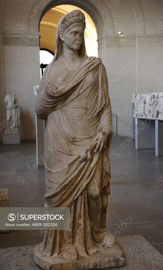 Roman art. Statue of a woman, holding ears of corn and poppis. About 110 AD. Glyptothek. Munich. Germany.