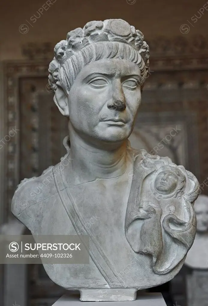 Trajan (53 AD-117 AD). Was Roman Emperor from 98 AD until his death. Bust shows him with the civic crown, sword belt and aegis (a divine weapon). Glyptothek. Munich. Germany.