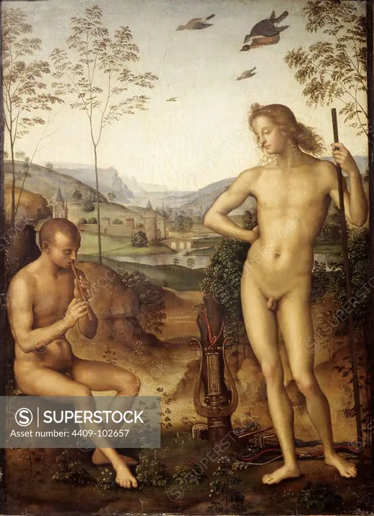 'Apollo and Marsyas', 1490-1492, Oil on panel, 39 x 29 cm. Author: PIETRO PERUGINO. Location: LOUVRE MUSEUM-PAINTINGS. France.