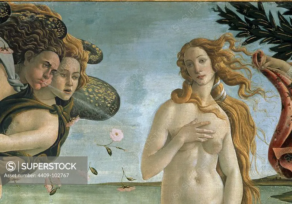 'The Birth of Venus' (detail), c. 1486, Tempera on canvas, After restoration. Author: SANDRO BOTTICELLI. Location: GALERIA DE LOS UFFIZI. Florenz. ITALIA. AEOLUS. CEFIRO DIOS DEL VIENTO. AURA DIOSA DE LA BRISA. VENUS DIOSA ROMANA.