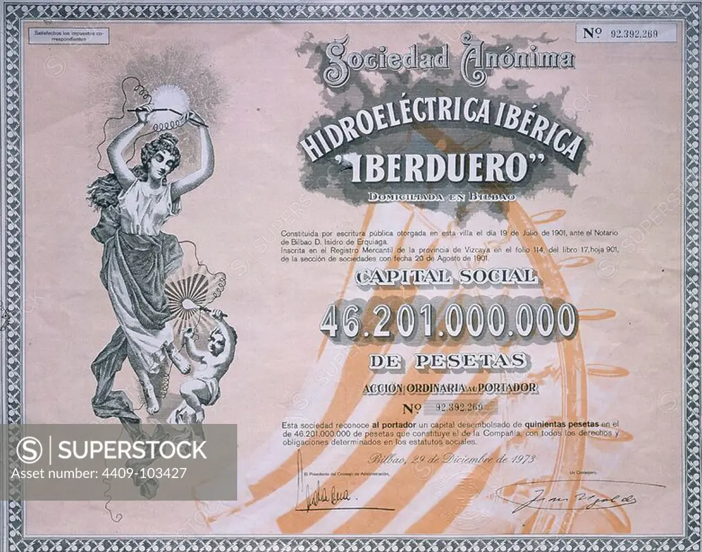 ACCION DE HIDROELECTRICA DE IBERDUERO-29/12/1973. Location: BOLSA DE COMERCIO-COLECCION. MADRID. SPAIN.
