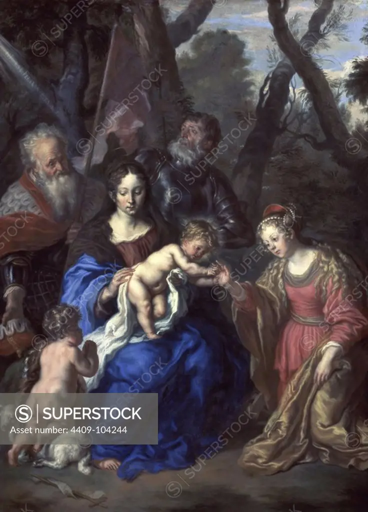 The Mystic Marriage of St. Catherine, with St. Leopold and St. William - 1647 - 74x57 cm - oil on panel. Author: JOACHIM VON SANDRART. Location: KUNSTHISTORISCHES MUSEUM / MUSEO DE BELLAS ARTES. WIEN. AUSTRIA. CHILD JESUS. VIRGIN MARY. SAN JUAN BAUTISTA NIÑO / SAN JUANITO. SANTA CATALINA DE ALEJANDRIA SIGLO IV.