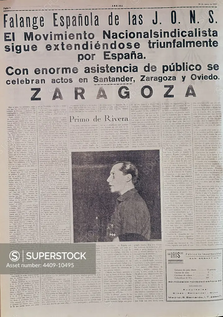 PERIODICO ARRIBA DE FALANGE 1935.J. A. PRIMO DE RIVERA. Location: HEMEROTECA MUNICIPAL. MADRID. JOSE ANTONIO PRIMO DE RIVERA.