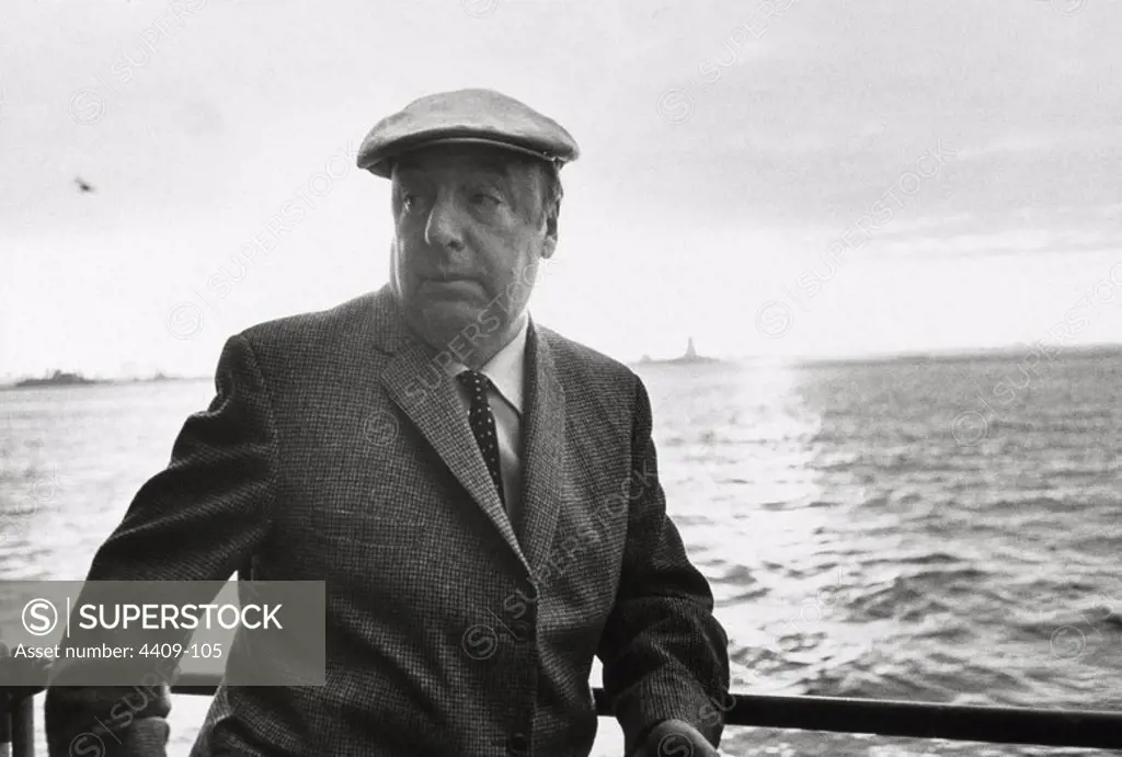 Chilean poet Pablo Neruda, at 34th International PEN boat ride around NYC, July 13, 1966.