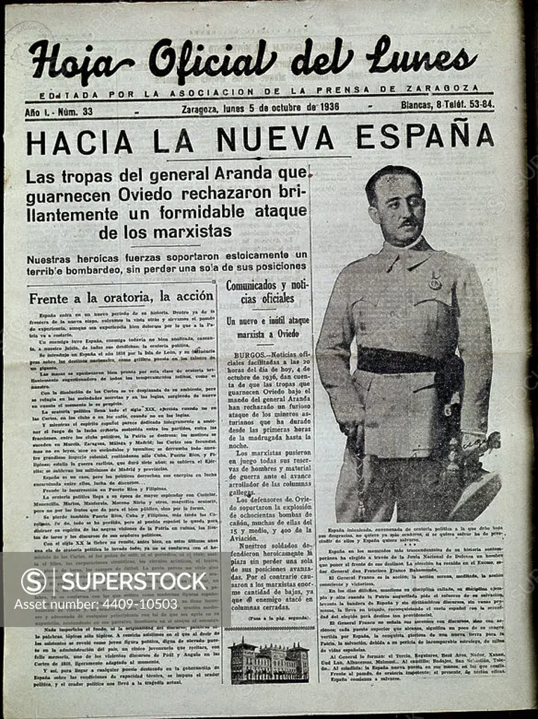 PERIODICO LA HOJA OFICIAL DEL LUNES 1936:"HACIA LA NUEVA ESPAÑA"ARANDA EN OVIEDO. Location: HEMEROTECA MUNICIPAL. MADRID. FRANCISCO FRANCO.