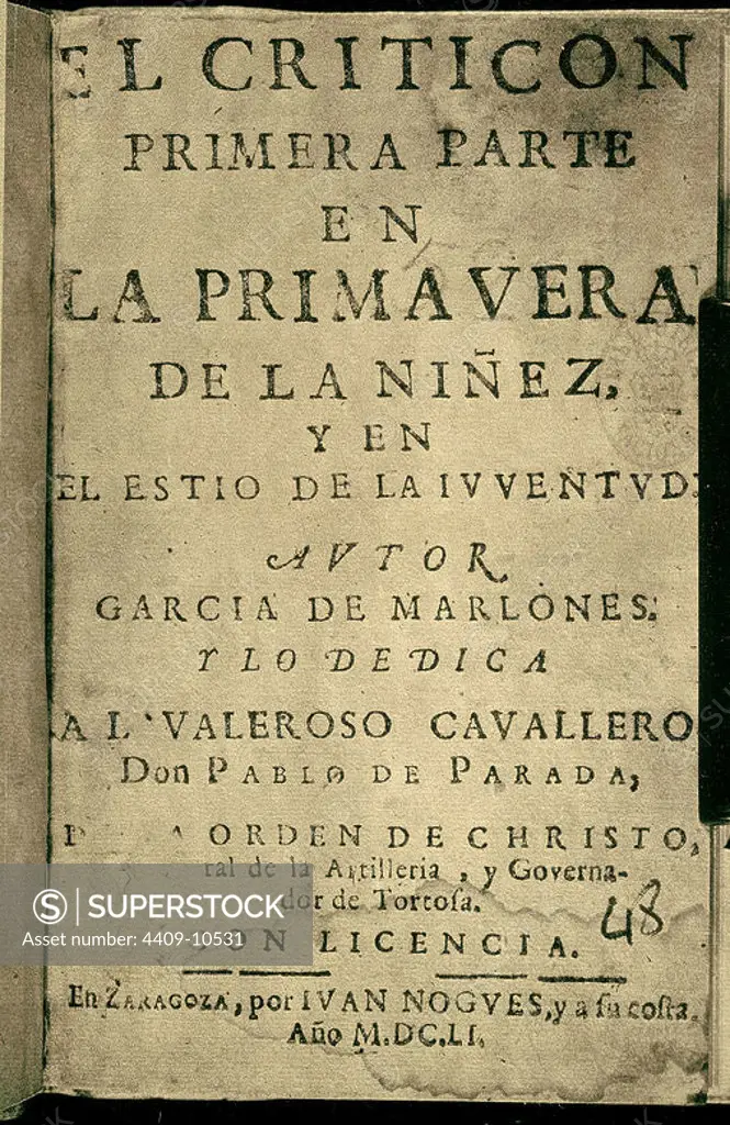 Flyleaf of "The Critic" (El Criticon). Madrid, National Library. Author: GRACIAN BALTASAR. Location: BIBLIOTECA NACIONAL-COLECCION. MADRID.