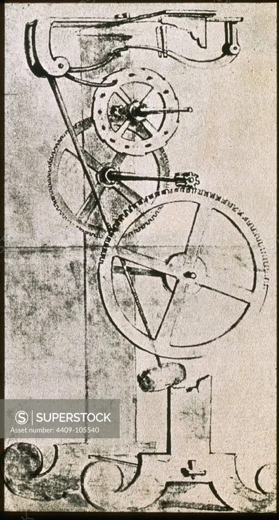 DESIGN OF GALILEO'S PENDULUM CLOCK - 1641. Author: GALILEO GALILEI.