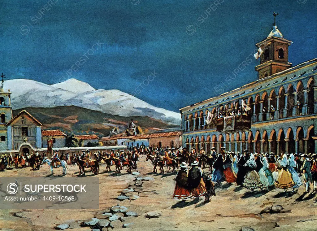 PASEO DEL PENDON REAL EN JUJUY - ARGENTINA - 1800 - GUACHE. Author: MATATS LEORICE. Location: MUSEO DE AMERICA-COLECCION. MADRID. SPAIN.