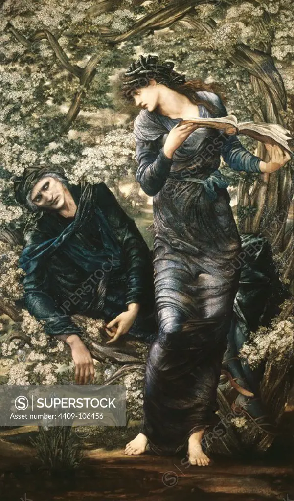 ''The Beguiling of Merlin', 1874, Oil on cavnas, 186 x 111 cm. Author: EDWARD BURNE-JONES. Location: LADY LEVER ART GALLERY. LIVERPOOL. ENGLAND. MERLIN MAGO. NIMUE.