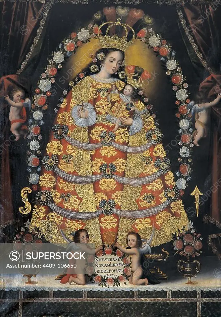 'Our Lady of the Rosary of Pomata', 18th century, Oil on canvas, 212 x 147,5 cm. Author: ESCUELA CUSQUEÑA. Location: MONASTERIO DE SANTA CLARA. Ayacucho. PERU. CHILD JESUS. VIRGIN MARY. VIRGEN DEL ROSARIO. VIRGEN DEL ROSARIO DE POMATA. NUESTRA SEÑORA DEL ROSARIO. NUESTRA SEÑORA DEL ROSARIO DE POMATA. VIRGEN DE POMATA.