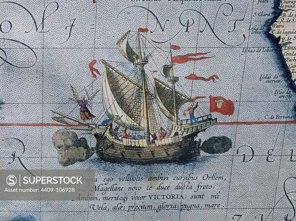 DETALLE DE LA NAO VICTORIA - MAPA DEL OCEANO PACIFICO - 1589. Author: ABRAHAM ORTELIUS. Location: SERVICIO GEOGRAFICO DEL EJERCITO. MADRID. SPAIN.