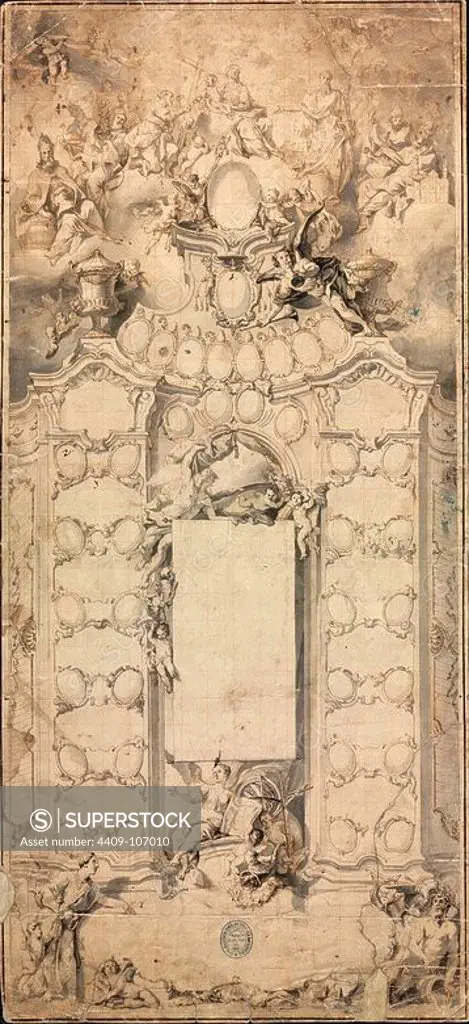 Proyecto para un calendario mural de la archidiócesis de Salzburgo, 1735, Drawing on paper, 57,9 x 26,8 cm. Author: JACOB ANDREAS FRIDRICH. Location: BIBLIOTECA NACIONAL-COLECCION. MADRID. SPAIN.