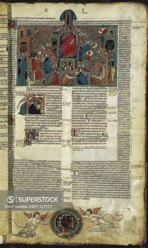 CORPUS IURIS CANONICI-DECRETUM GRATIANI CON LAS GLOSAS DE BARTOLOME DE BRESCIA-MANUSCRITO ILUMINADO EN EL SIGLO XIV POR NICOLA DA BOLOGNA (1325/1403). Author: BARTOLOMEO DA BRESCIA. Location: BIBLIOTECA NACIONAL-COLECCION. MADRID. SPAIN.