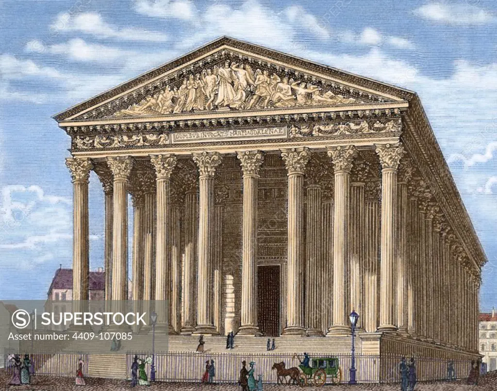 La Madeleine (L'e_glise de la Madeleine). Built in 1806, it was designed as a temple to the glory of Napoleon's army. Paris. France. Colored engraving.