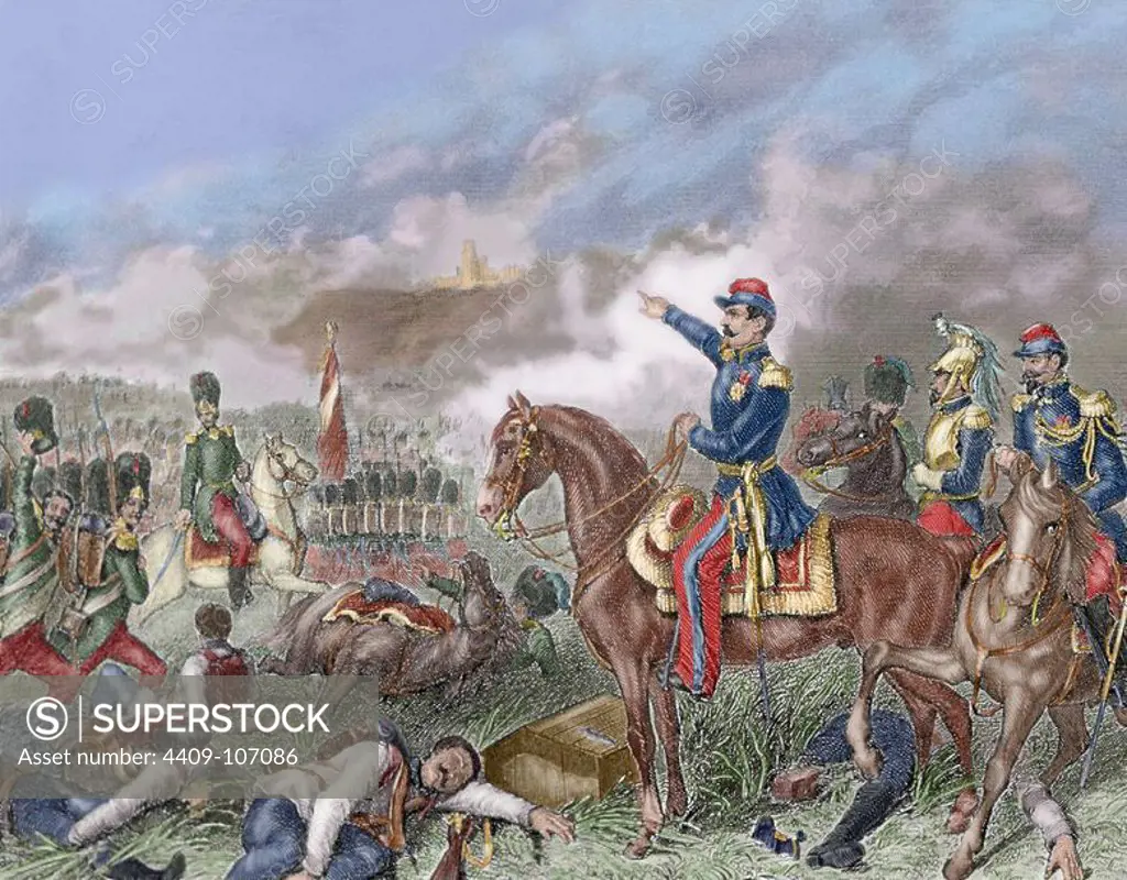 Second Italian war of Independence. Napoleon III in the Battle of Solferino. (June 24, 1859). Colored engraving, 1881.