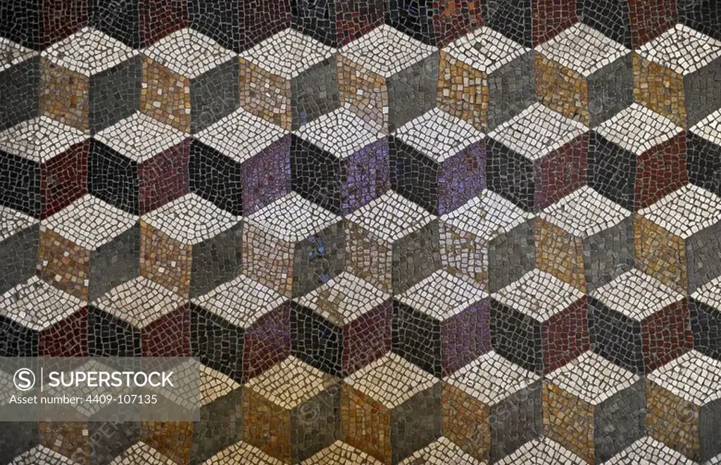 Roman mosaic with a cube pattern giving a three dimensional effect. Glyptothek. Munich. Germany.