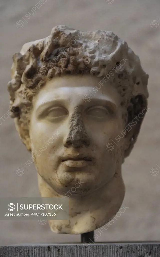 Heracles. Was a divine hero in Greek mythology. Son of Zeus and Alcmene. Heracles head with wreath. Roman sculpture after an original of about 330 BC.