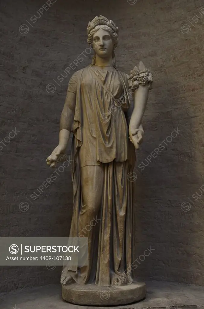 Artemis. Goddes of the Hunt. Daughter of Zeus and sister of Apollo. Roman equivalent is Diana. The ancient torso (roman sculpture after an Artemis statue of the 4th century BC) was restored by Bertel Thorvaldsen as Ceres, goddess or fertility.