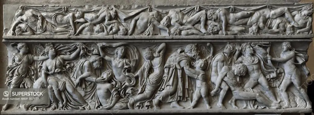 Roman sarcophagus. About 160 AD. Apollo and Artemis kill Niobe's 14 children. Revenge of Leto. Send your children Apollo and Artemis killing the children of Niobe. Glyptothek. Munich. Germany.