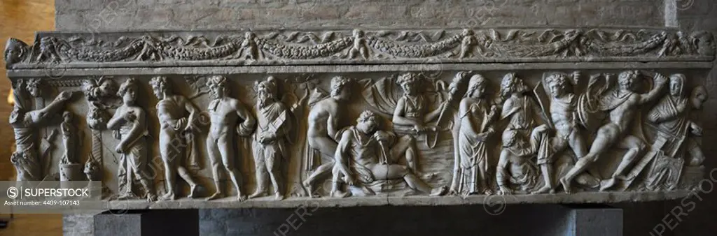Roman sarcophagus. About 140 AD. Mythological scene. Orestes and Iphigenia among the Taurians. Glyptothek. Munich. Germany.