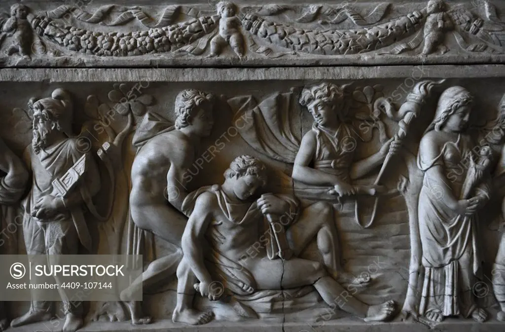 Roman sarcophagus. About 140 AD. Mythological scene. Orestes and Iphigenia among the Taurians. Glyptothek. Munich. Germany.