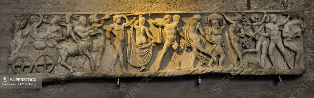 Front side of sarcophagus. Modern work after 2nd century AD originals. Marriage of Dionysus and Adriane. Glyptothek. Munich. Germany.