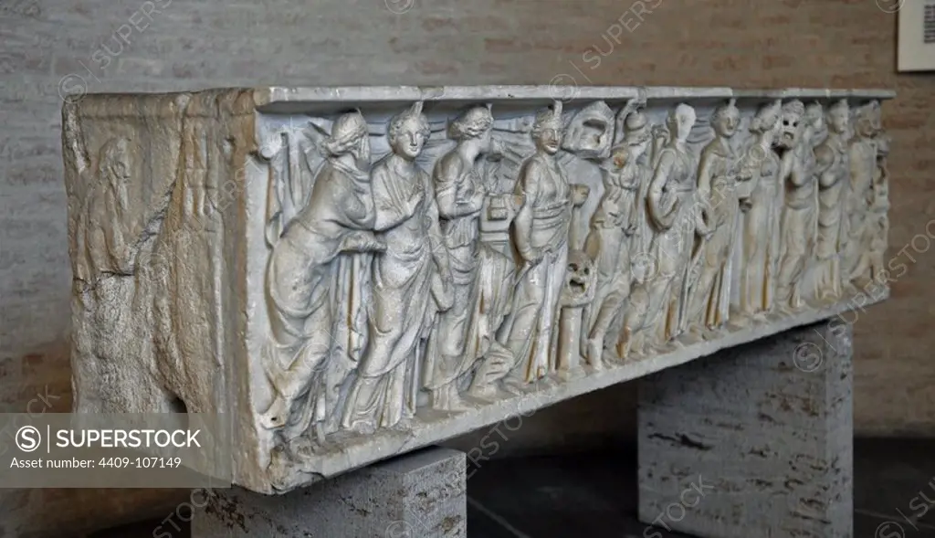 Roman sarcophagus. About 180 AD. Goddess Athena, God Apollo and the nine Muses (goddesses of the inspiration of literature, science and the arts. Reliefs. Glyptothek. Munich. Germany.