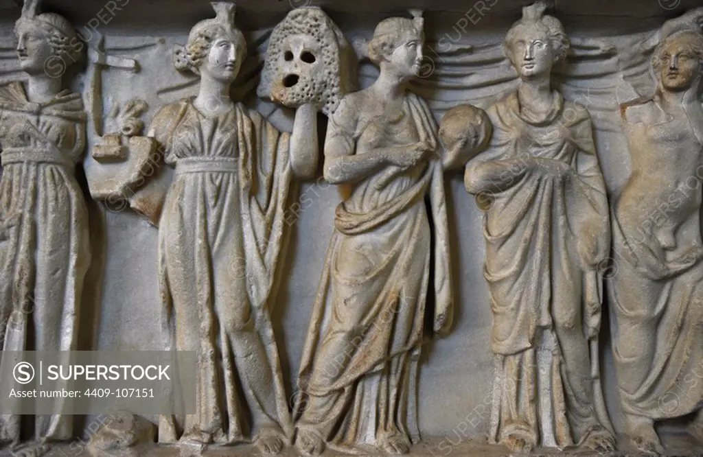 Roman sarcophagus. About 180 AD. Goddess Athena, God Apollo and the nine Muses (goddesses of the inspiration of literature, science and the arts. Reliefs. Detail. Glyptothek. Munich. Germany.
