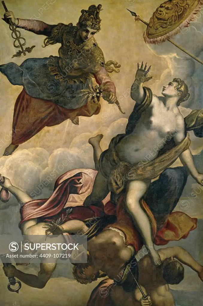 Domenico Tintoretto / 'La Prosperidad o la Virtud ahuyentando los Males', Second half 16th century - First quarter 17th century, Italian School, Canvas, 207 cm x 140 cm, P00387. Museum: MUSEO DEL PRADO, MADRID, SPAIN.
