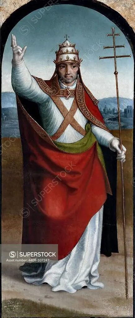 Juan Correa de Vivar / 'Saint Clement, Pope', 1540-1545, Spanish School, Panel, 93 cm x 40 cm, P00679. Museum: MUSEO DEL PRADO, MADRID, SPAIN. SAN CLEMENTE.