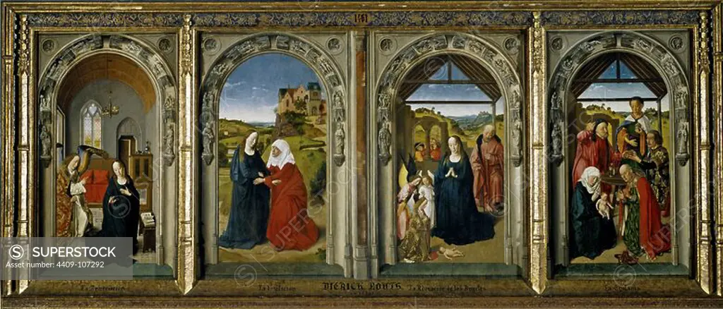 Dirk Bouts / 'Triptych of the Virgin's Life', ca. 1445, Flemish School, Oil on panel, 80 cm x 217 cm, P01461. Museum: MUSEO DEL PRADO, MADRID, SPAIN. Author: DIERIC BOUTS. VIRGIN MARY.
