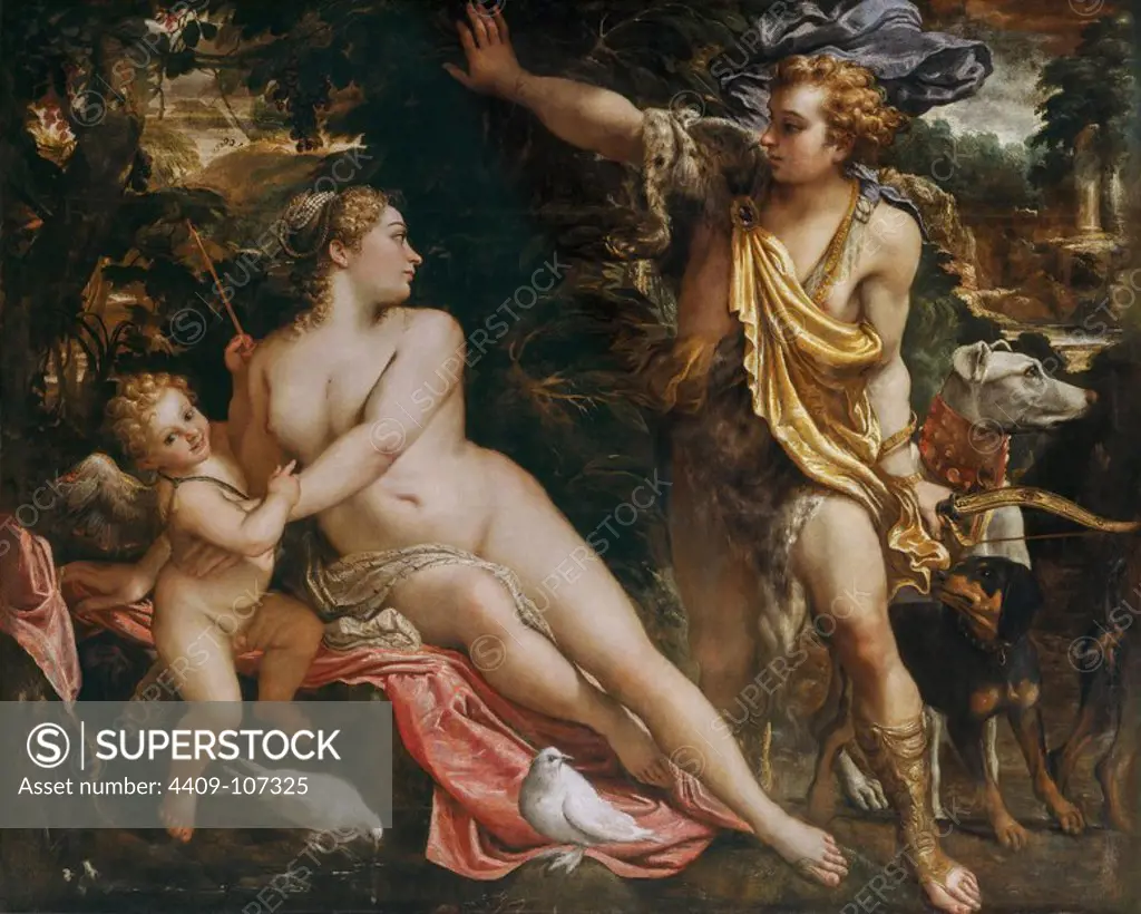 Annibale Carracci / 'Venus, Adonis and Cupid', ca. 1590, Italian School, Oil on canvas, 212 cm x 268 cm, P02631. Museum: MUSEO DEL PRADO, MADRID, SPAIN. CUPID. APHRODITE. Adonis. Venus.
