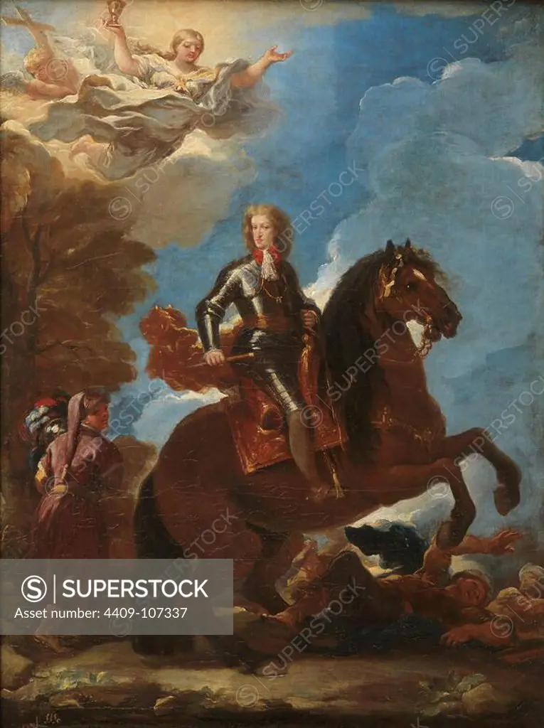 Luca Giordano / 'Charles II of Spain on Horseback', Before 1694, Italian School, Oil on canvas, 81,1 cm x 60,3 cm, P00197. Museum: MUSEO DEL PRADO, MADRID, SPAIN. CARLOS II DE ESPAÑA.