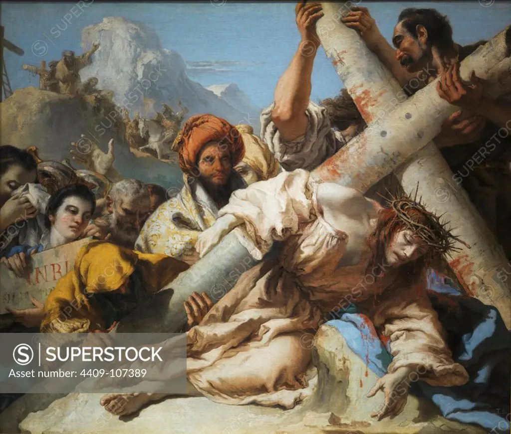 Giandomenico Tiepolo / 'Jesus Falls on the Path to Calvary', 1772, Italian School, Oil on canvas, 124,3 cm x 145 cm x 2,5 cm, P00358. Museum: MUSEO DEL PRADO, MADRID, SPAIN. JESUS.