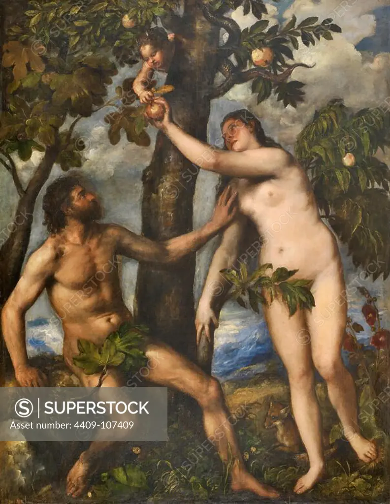Vecellio di Gregorio Tiziano / 'Adam and Eve', ca. 1550, Italian School, Oil on canvas, 240 cm x 186 cm, P00429. Museum: MUSEO DEL PRADO, MADRID, SPAIN.