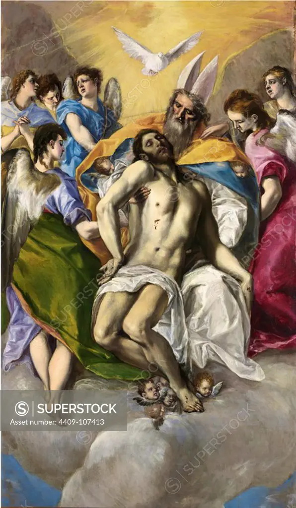 El Greco / 'The Trinity', 1577-1579, Spanish School, Oil on canvas, 300 cm x 179 cm, P00824. Museum: MUSEO DEL PRADO, MADRID, SPAIN. JESUS.